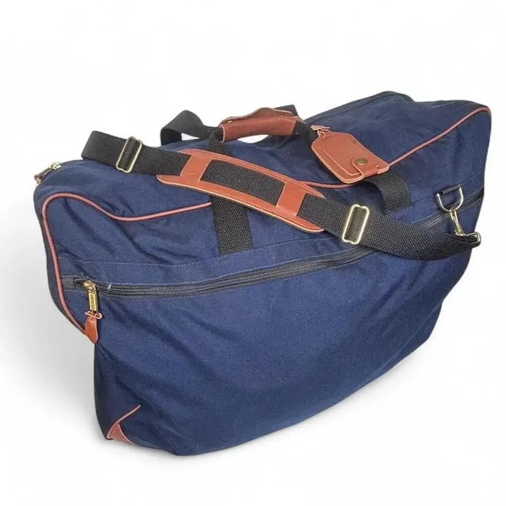 L.L. Bean 90s Vintage Duffle Travel Bag Shoft Shell Suitcase Blue Nylon Leather